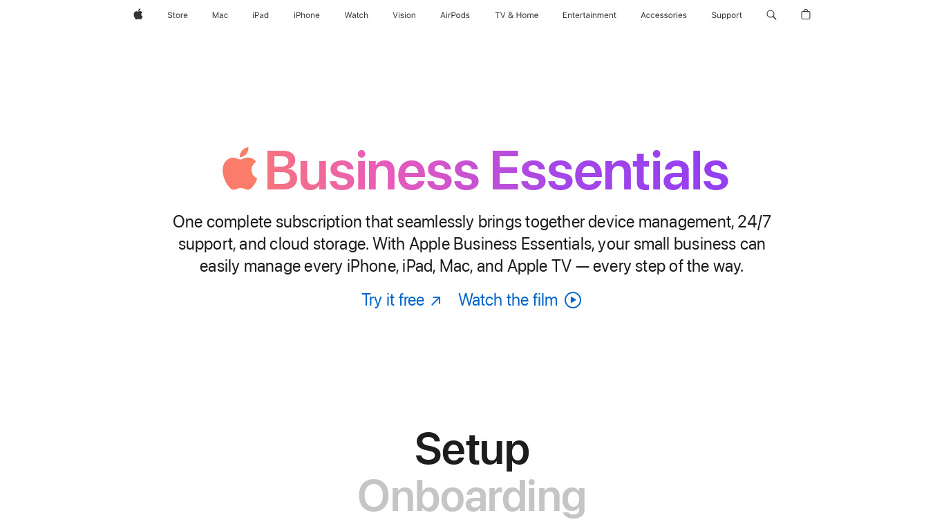 Apple Business Essentials Landing page