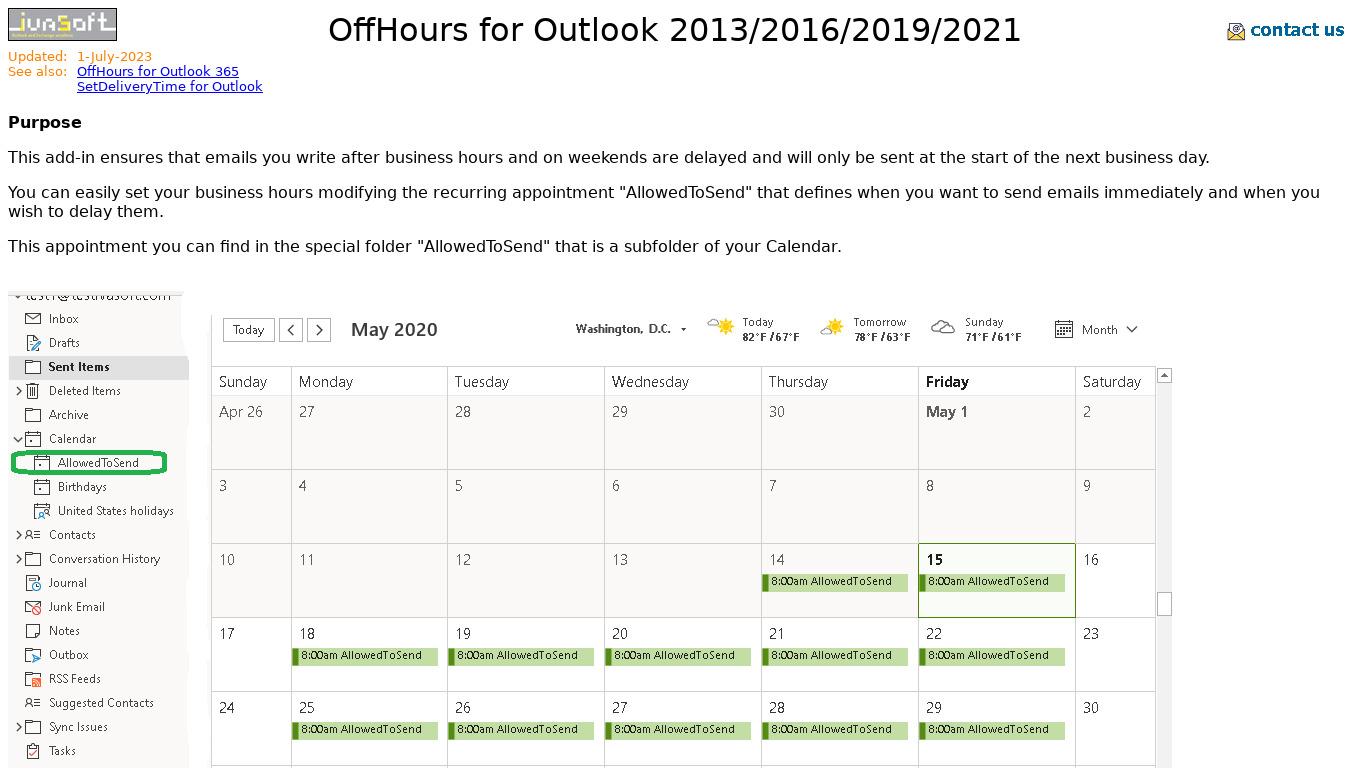OffHours for Outlook Landing page