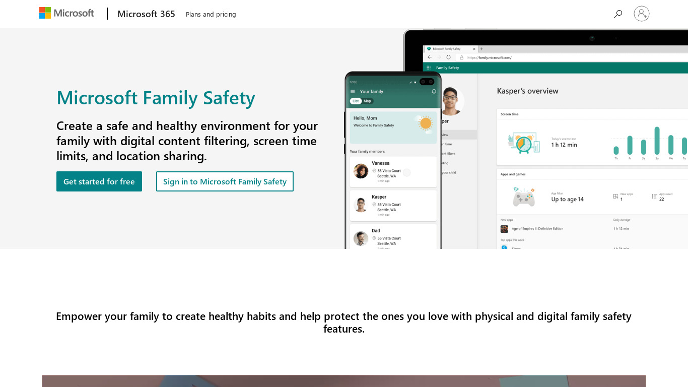 Microsoft Family Safety Landing page