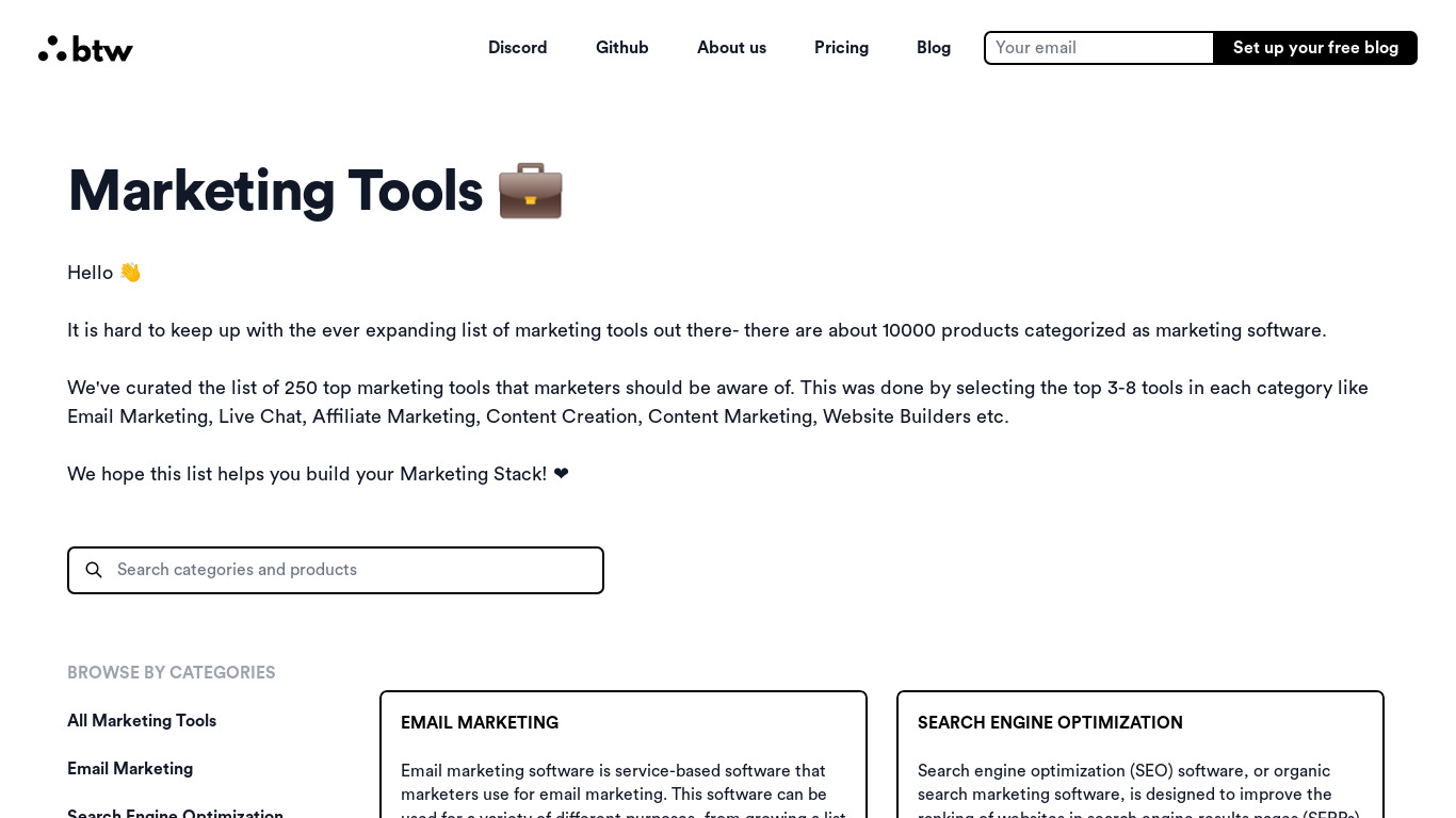 Marketing Tools Landing page