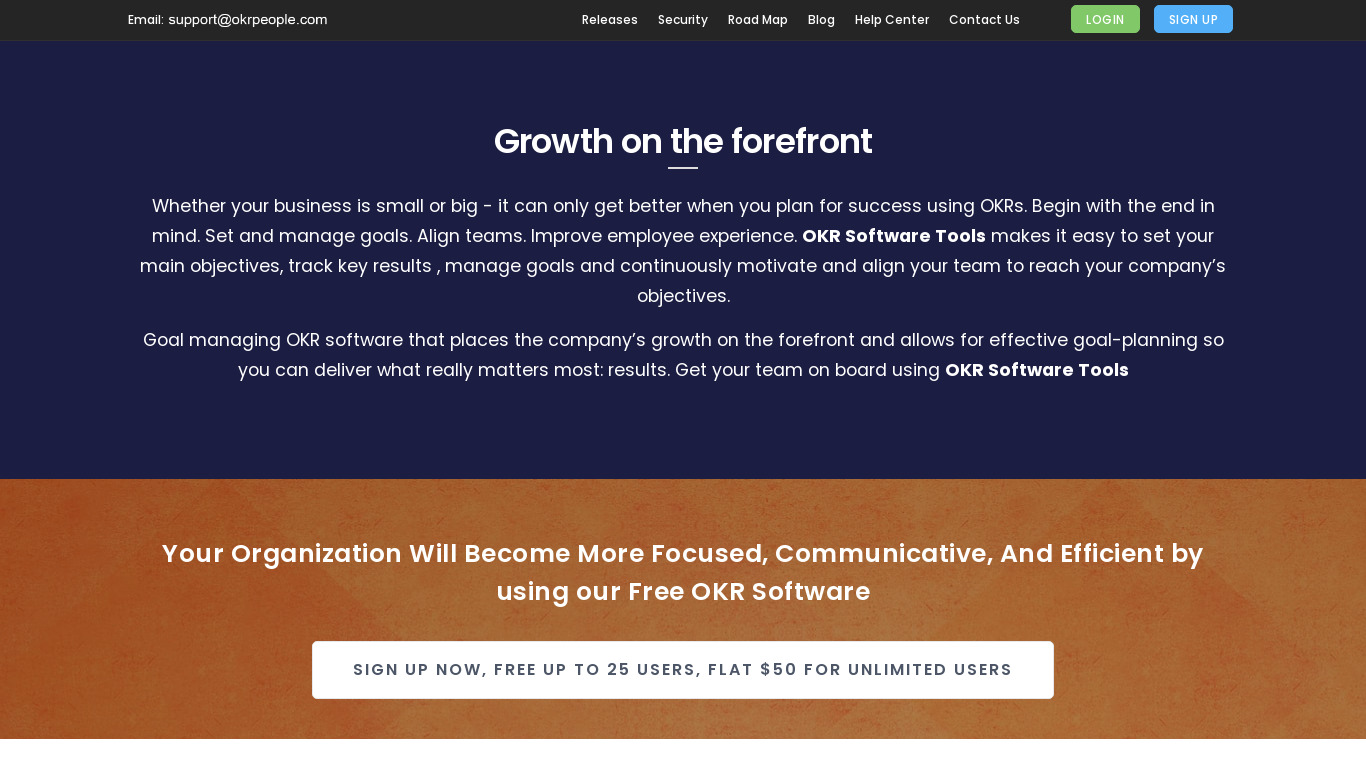 OKR Software Tools Landing page