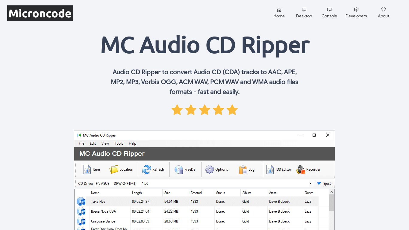 Microncode Audio CD Ripper Landing page