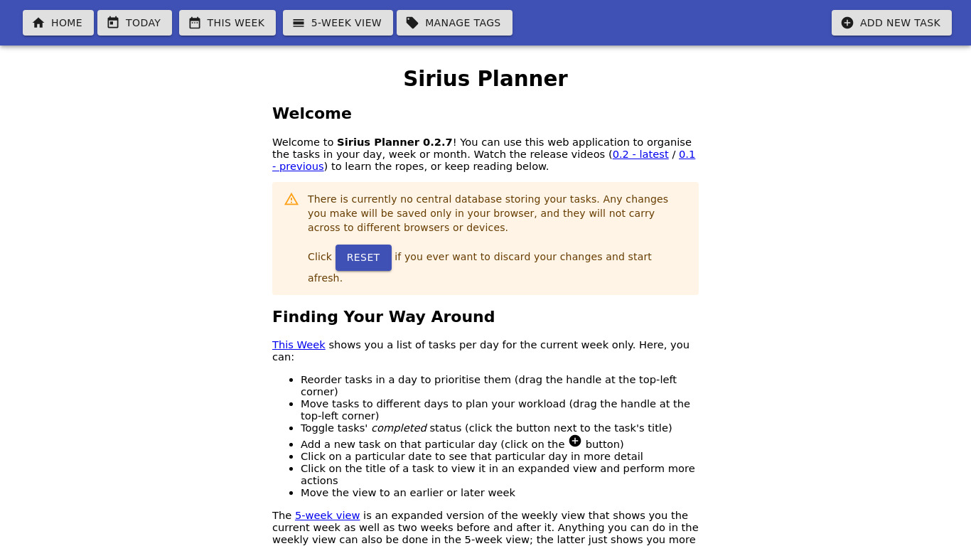 Sirius Planner Landing page