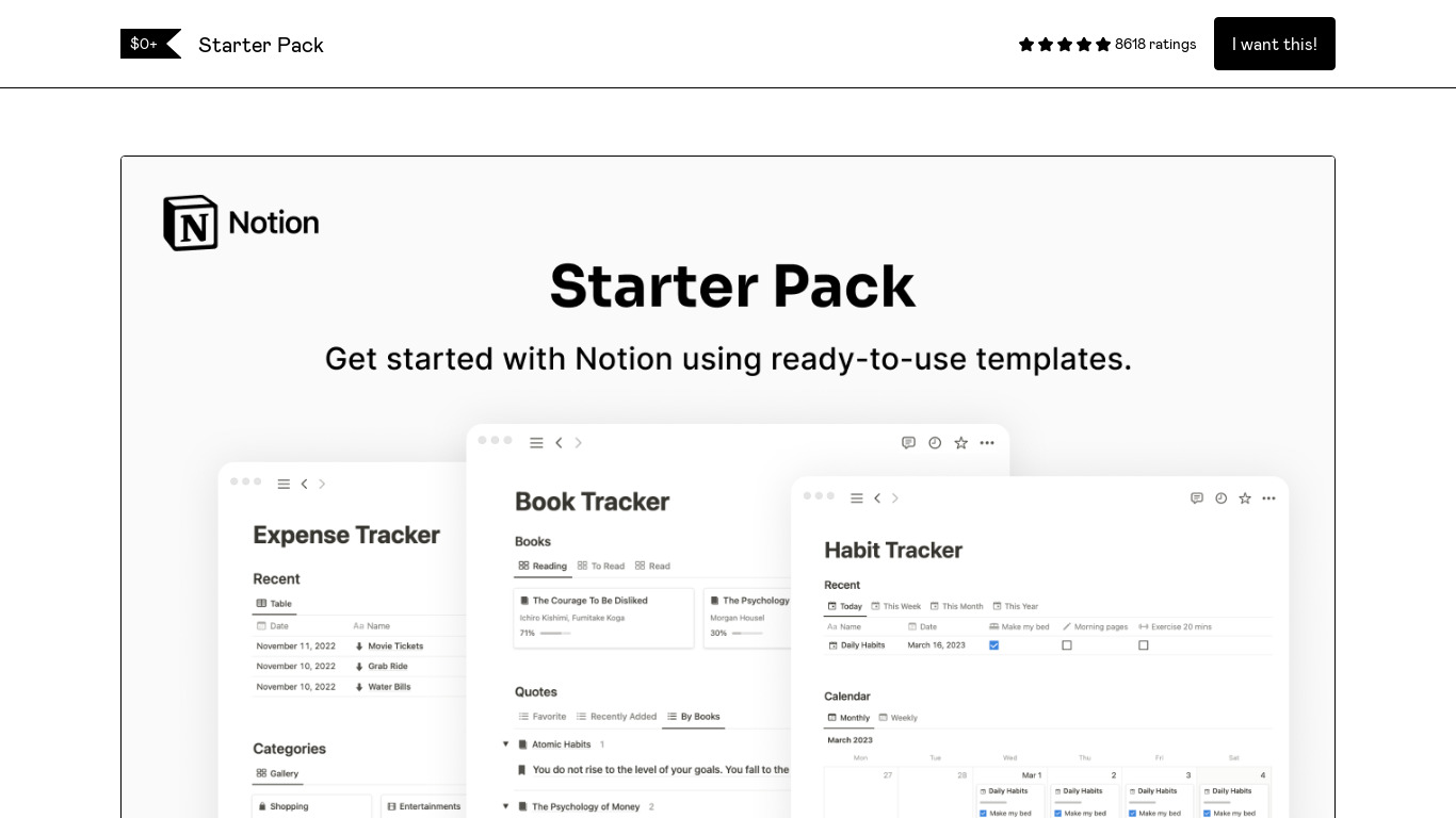 Notion Starter Pack Landing page