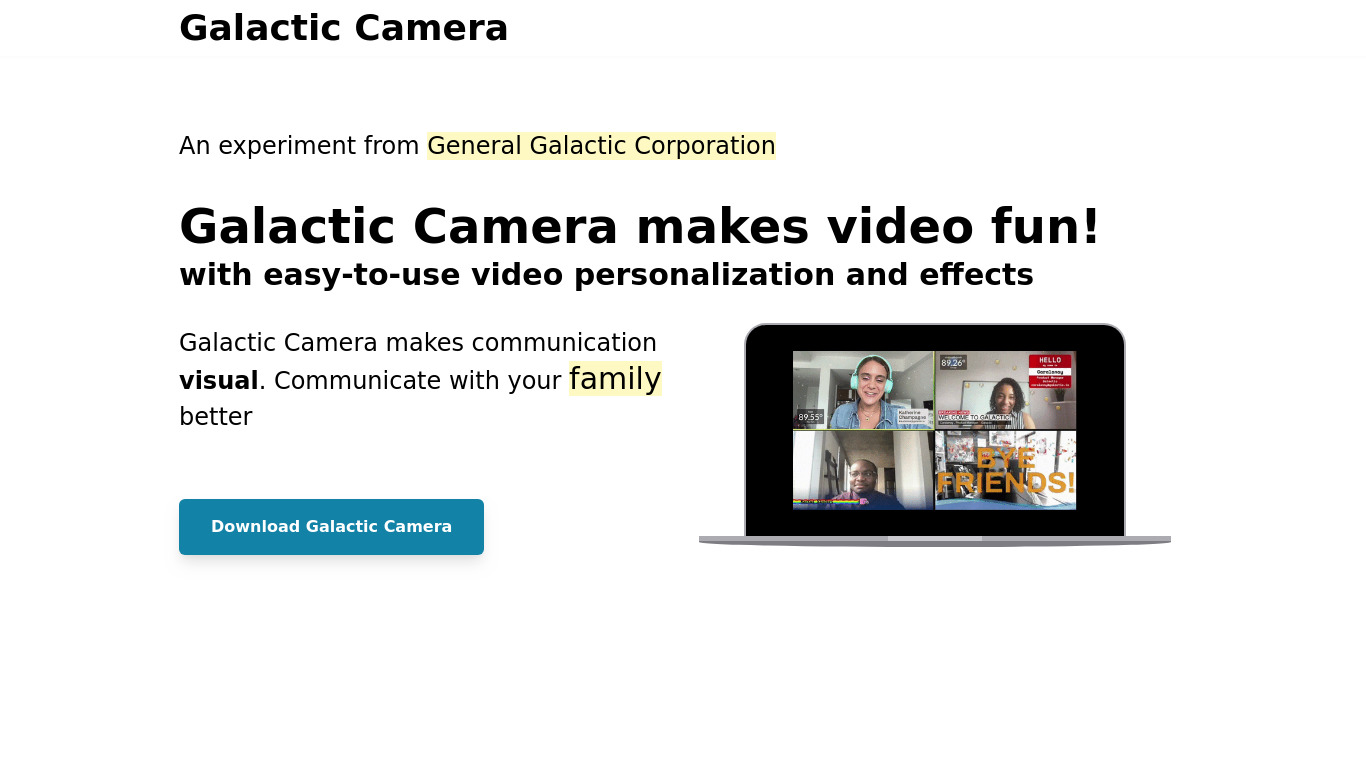 Galactic Camera Landing page