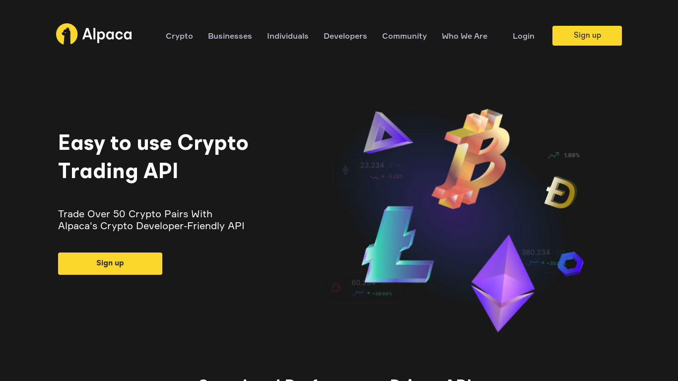 Alpaca Crypto API Landing page