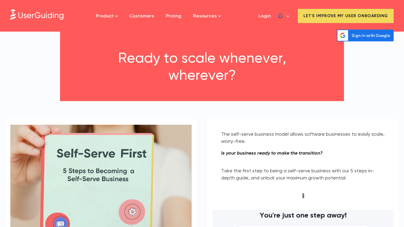 Become Self-Serve by UserGuiding Landing page