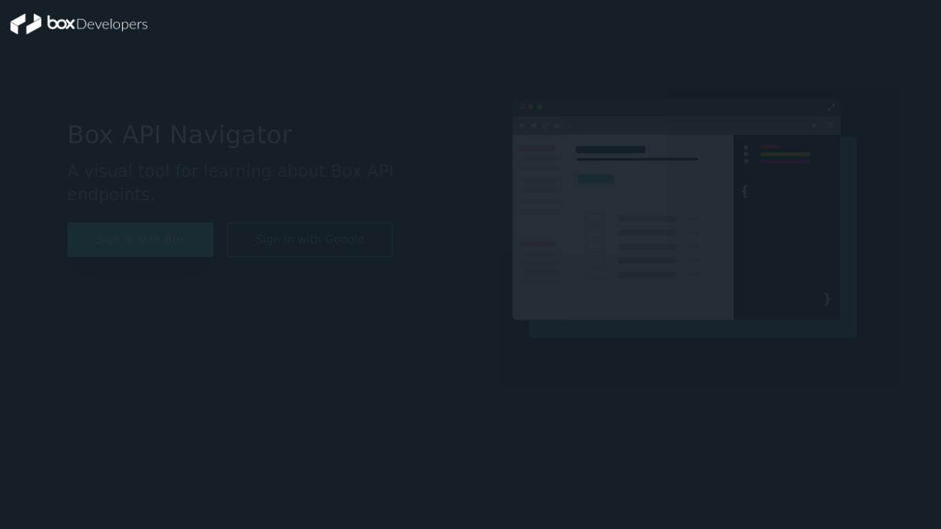 Box API Navigator Landing page