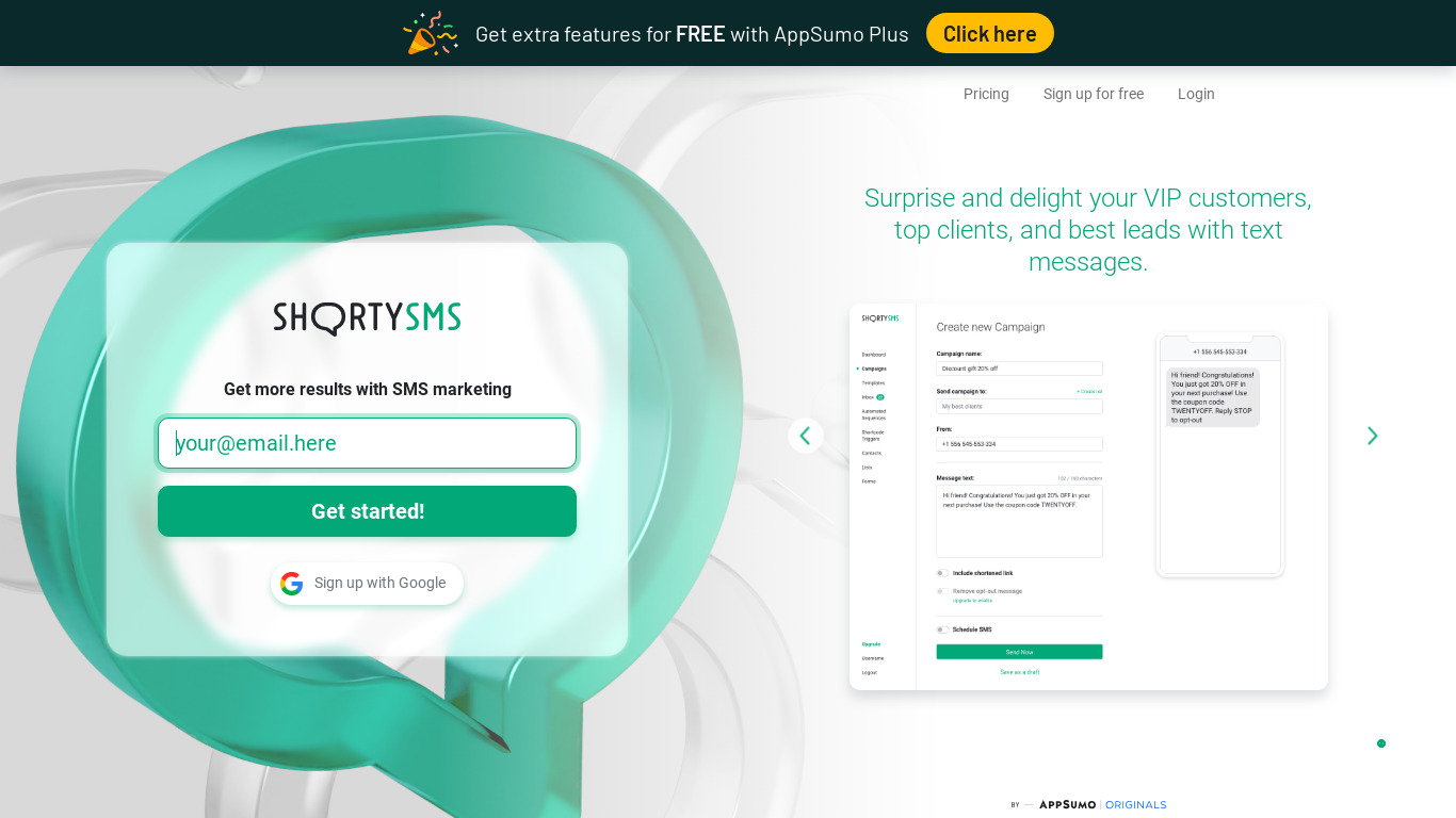 ShortySMS Landing page