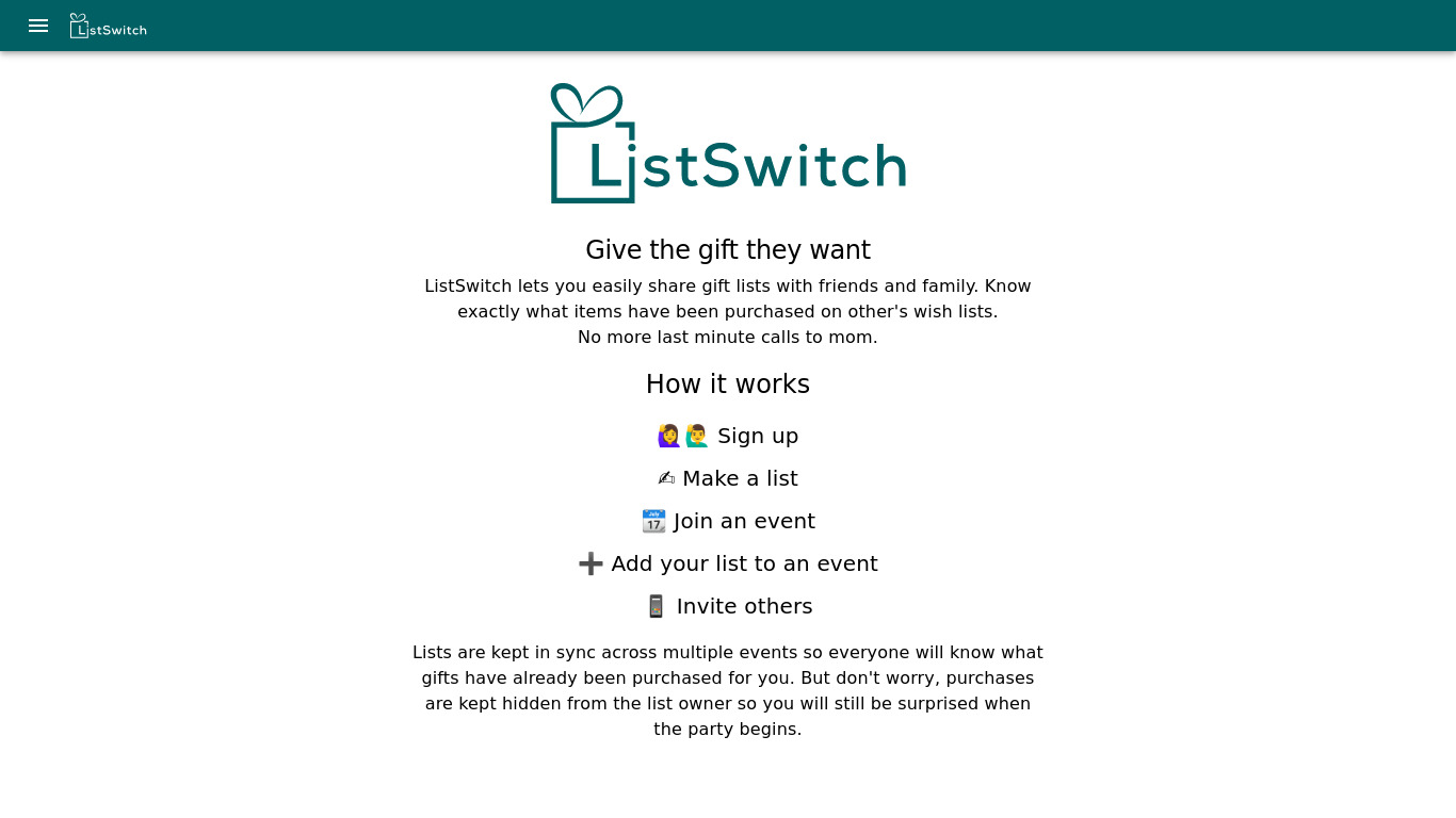ListSwitch Landing page