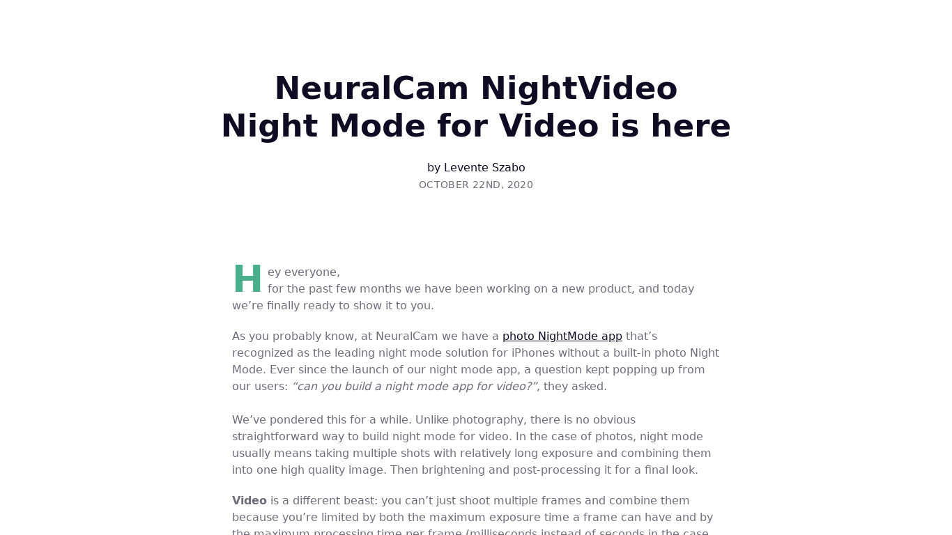 NeuralCam NightVideo Landing page