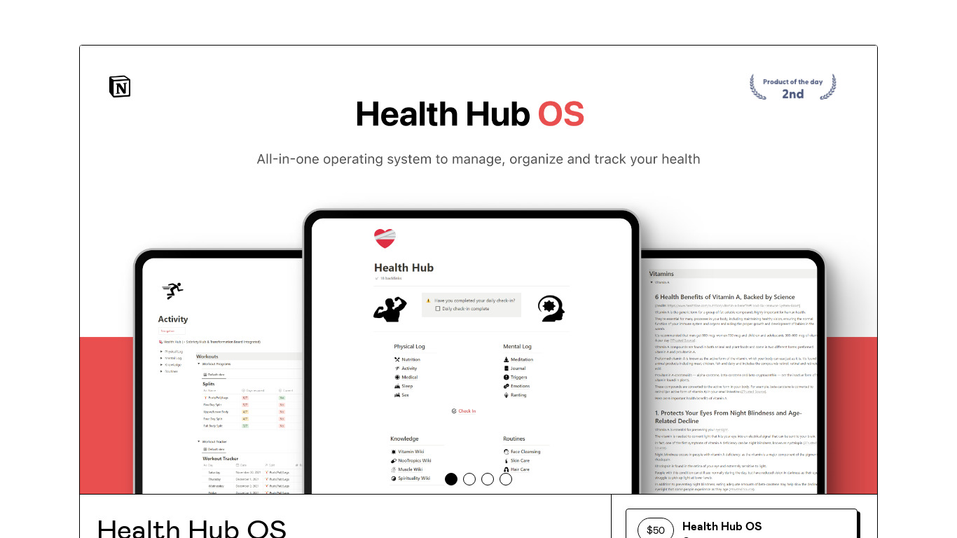 Health Hub OS (Notion Template) Landing page