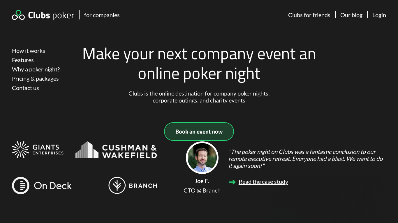 Clubs Poker Landing page