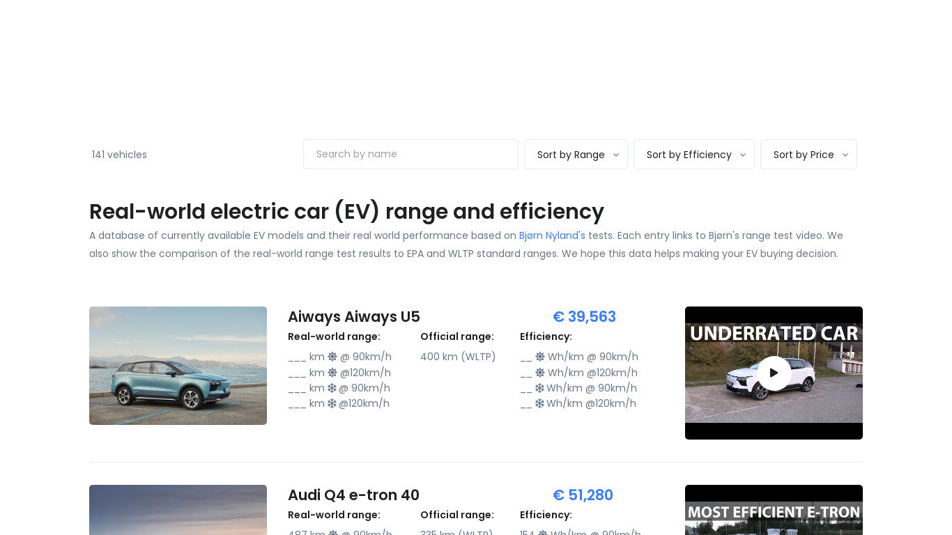 EV database by Zerofy Landing page