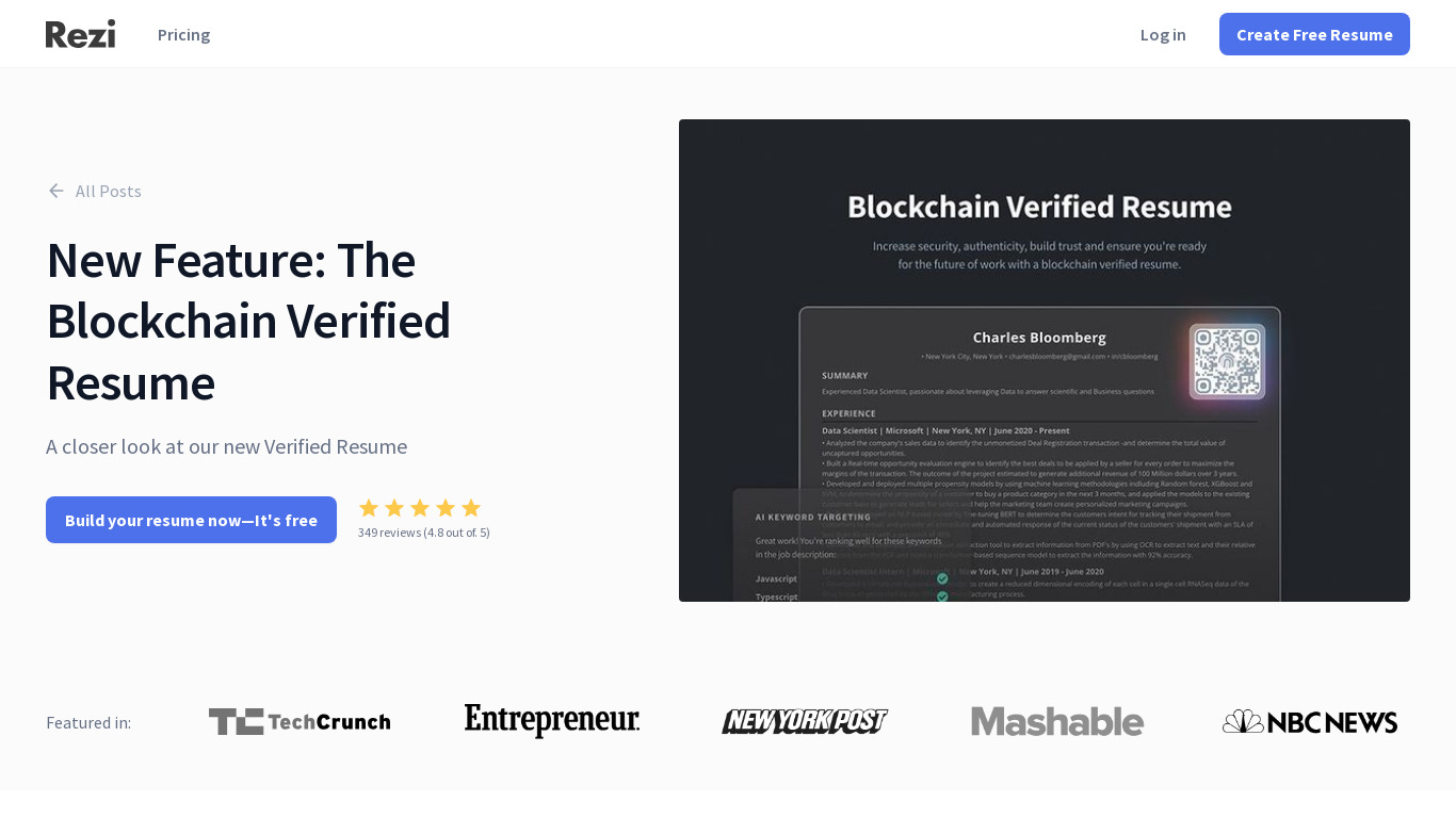 Blockchain Verified Resume Landing page