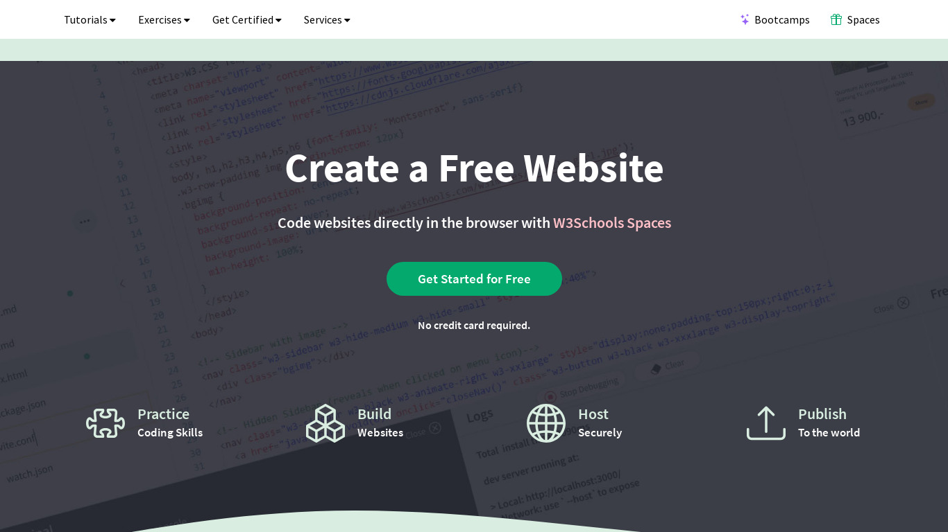 W3Schools Spaces Landing page