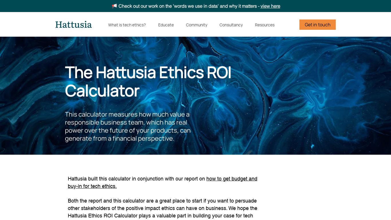 The Hattusia ethics ROI calculator Landing page