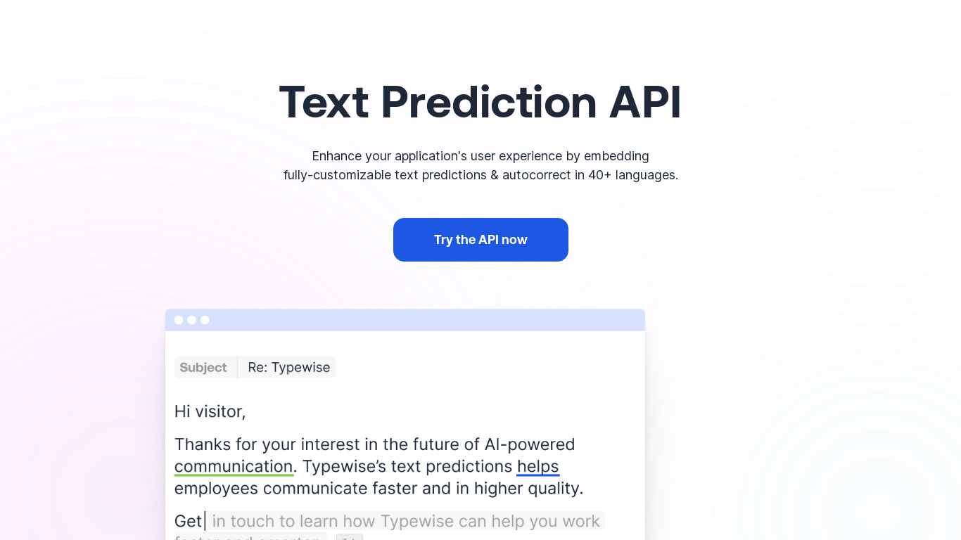 Typewise Text Prediction API (Beta) Landing page