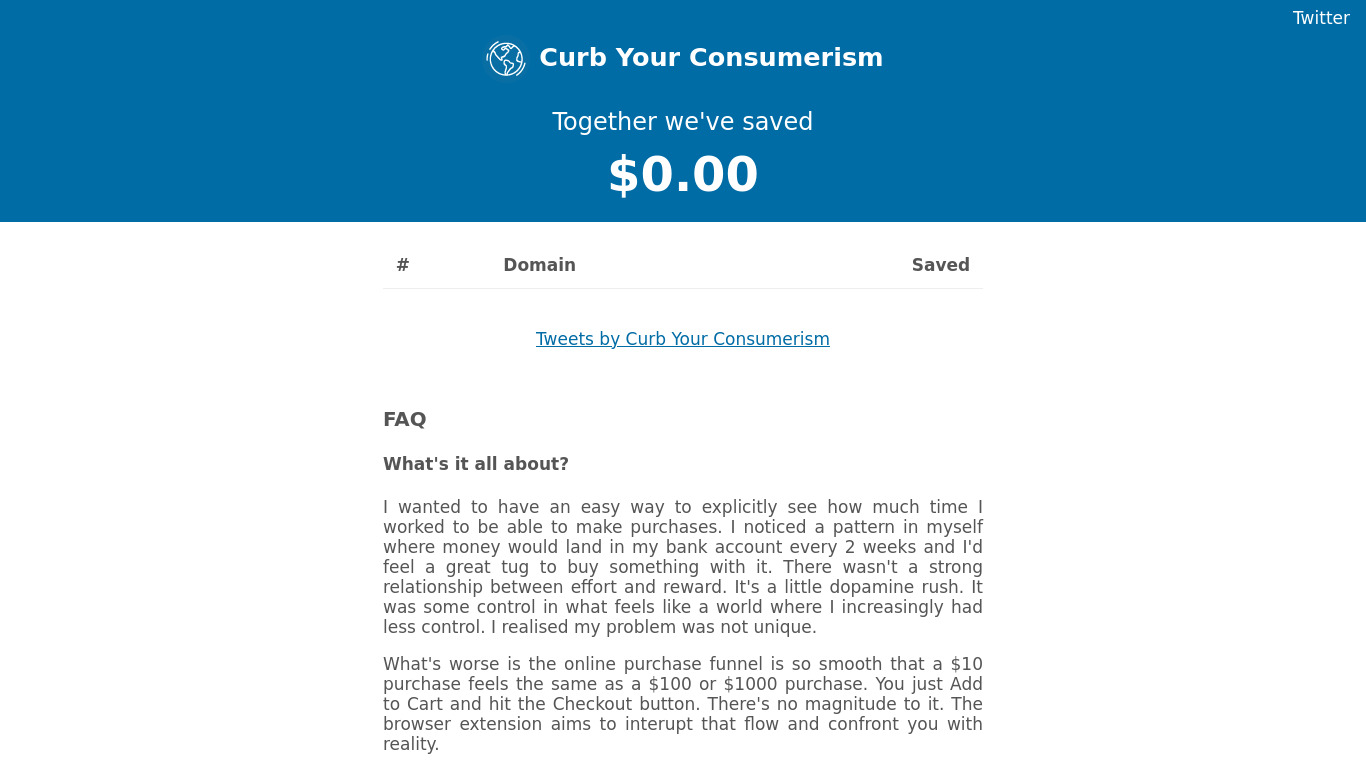 Curb Your Consumerism Landing page