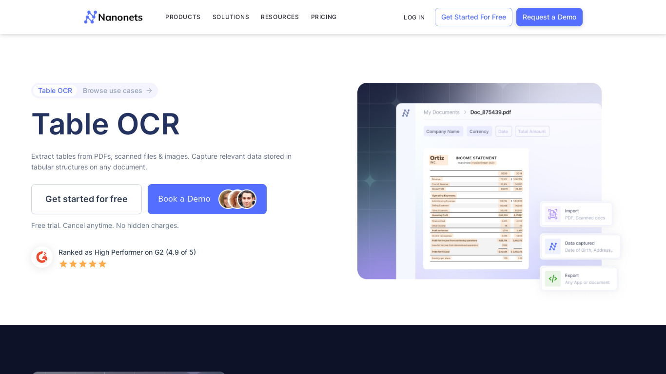 Nanonets Table Extractor Landing page