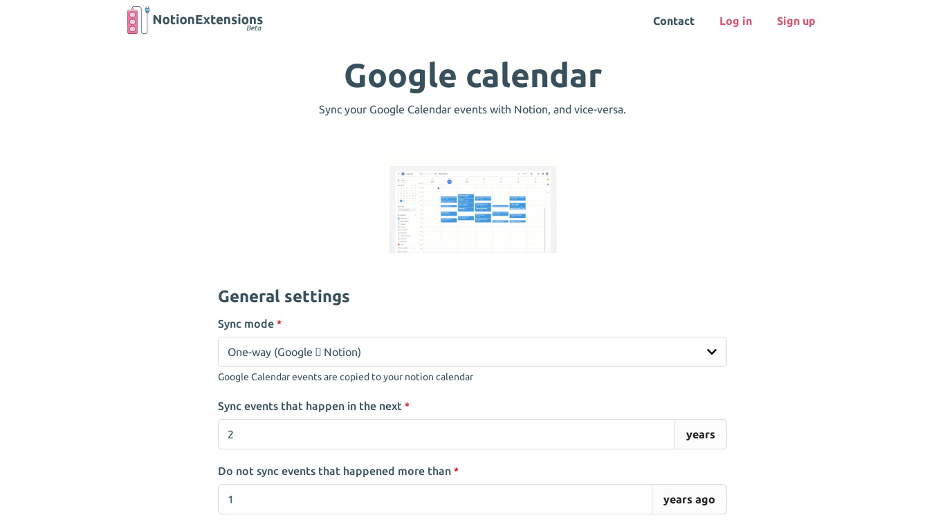 Google Calendar Sync by NotionExtensions Landing page