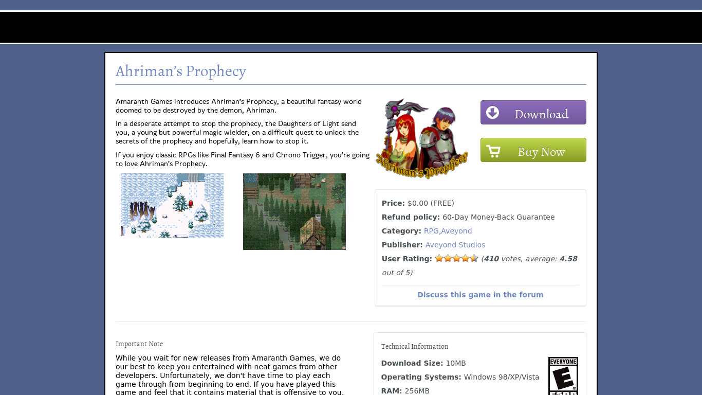 Ahriman's Prophecy Landing page