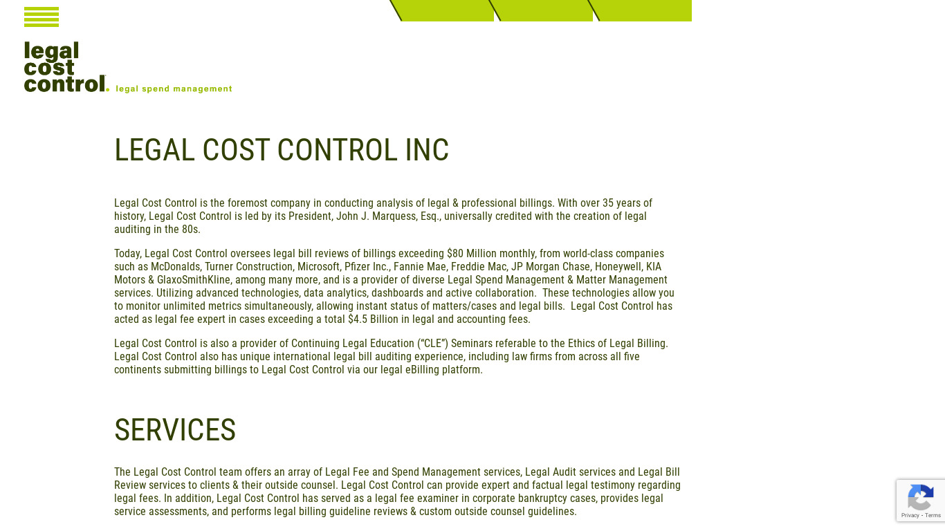 Legal Cost Control Landing page