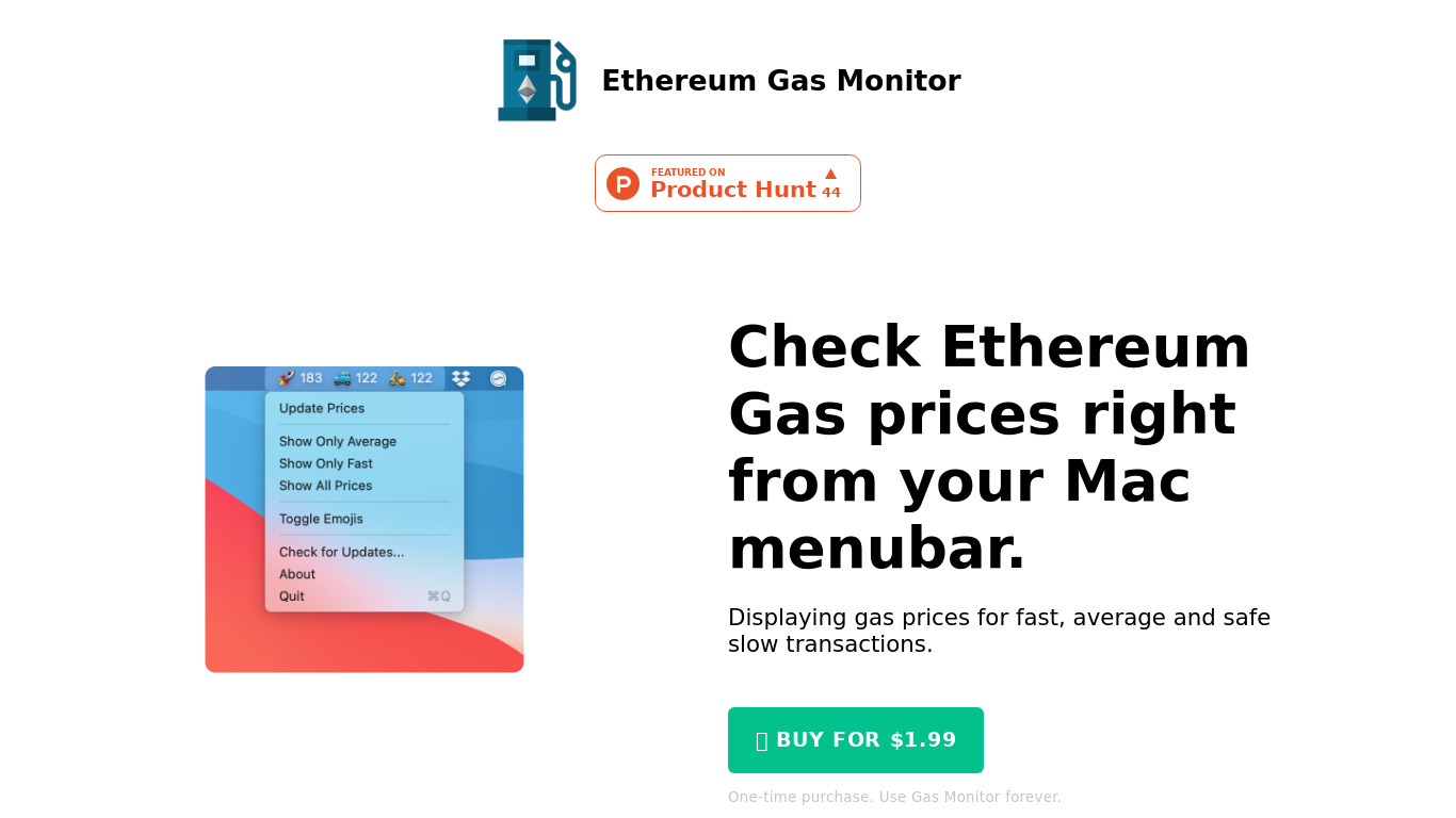 Ethereum Gas Monitor Landing page