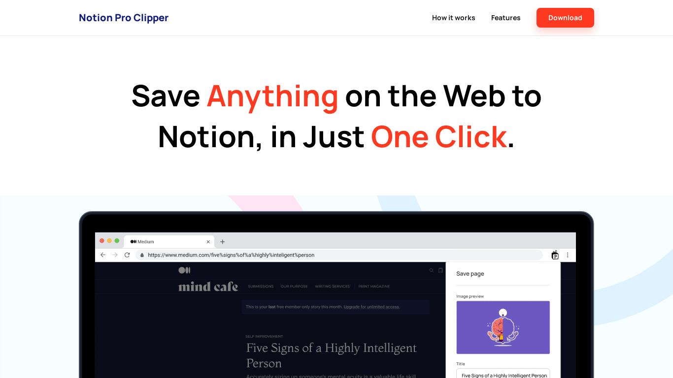 Notion Pro Clipper Landing page