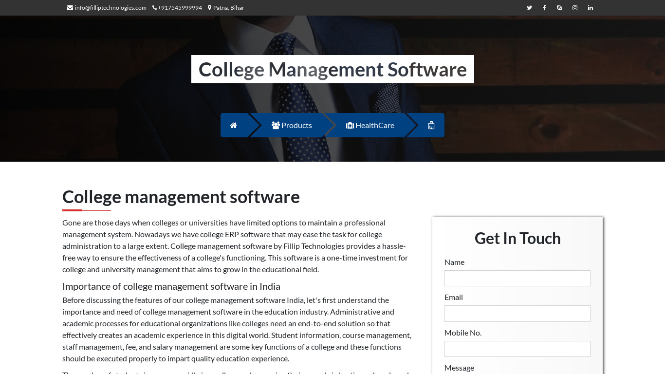 Fillip ERP College Management Software Landing page