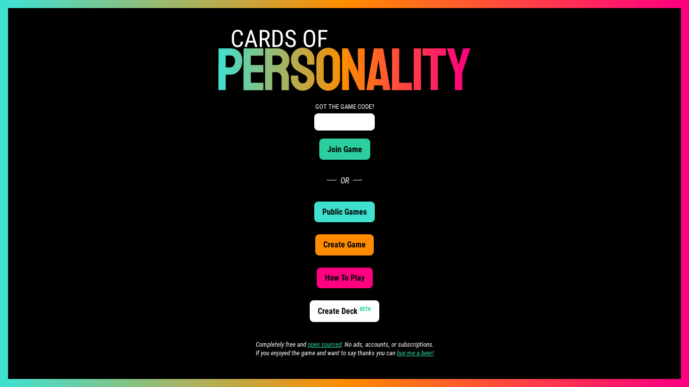Cards of Personality Landing page