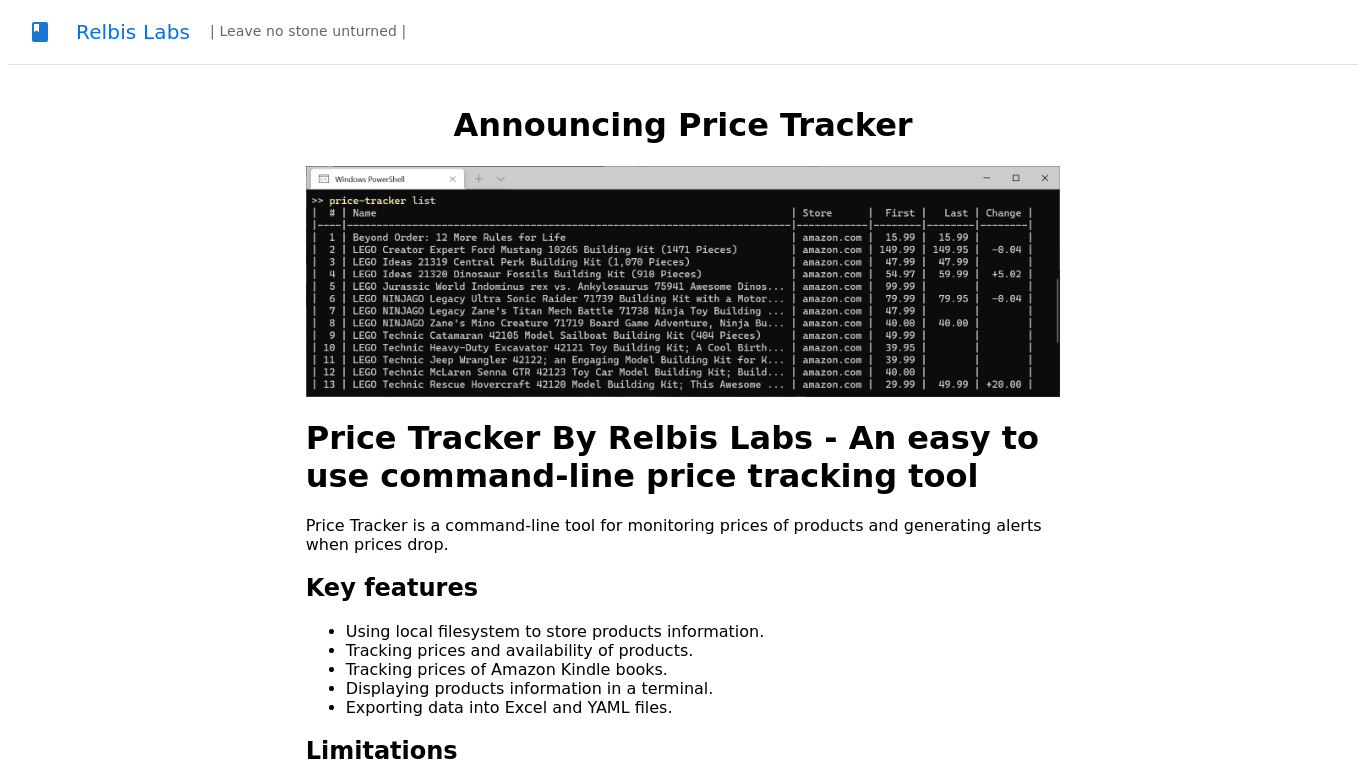 Price Tracker by Relbis Labs Landing page
