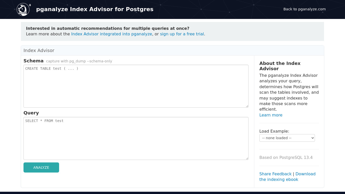pganalyze Index Advisor for Postgres Landing page