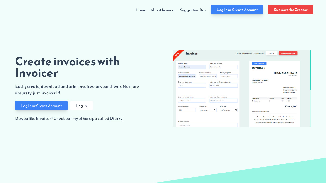 Invoicer Landing page