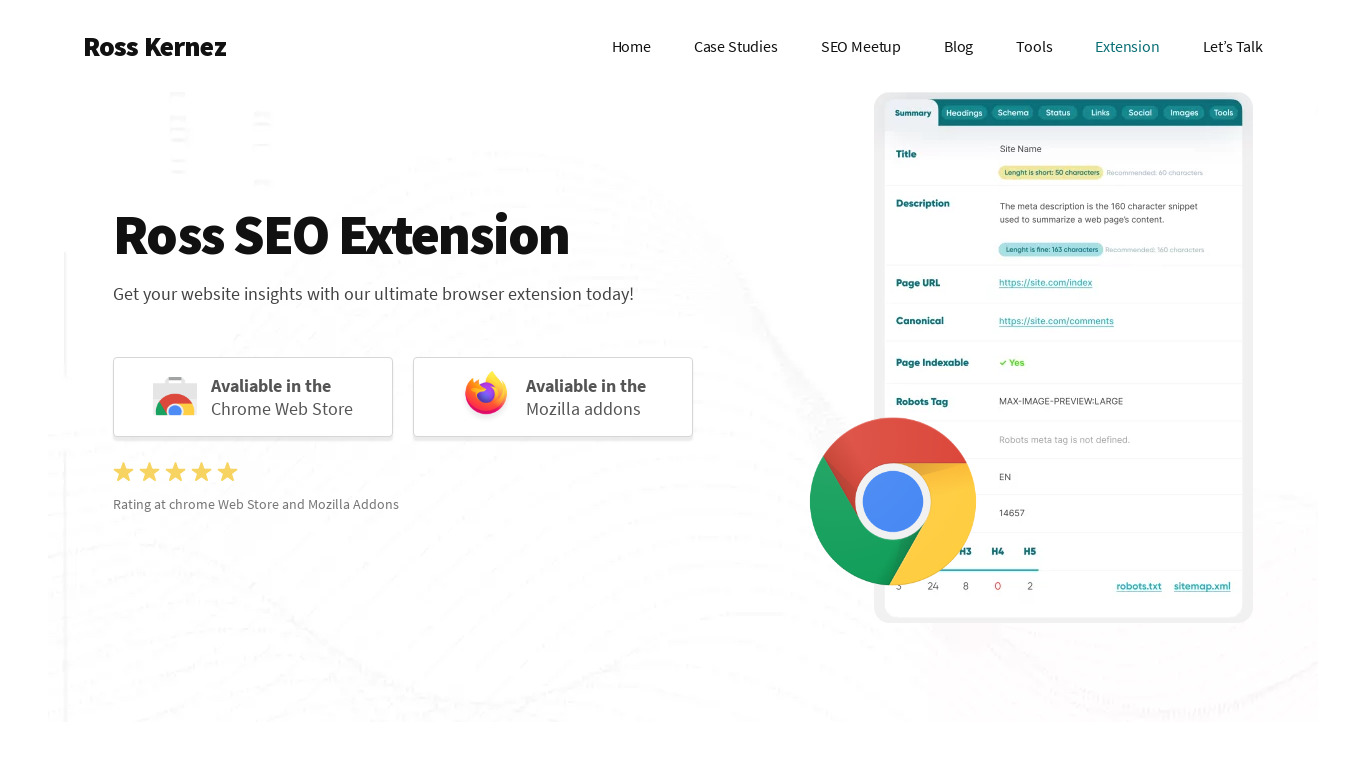 Ross SEO Extension Landing page