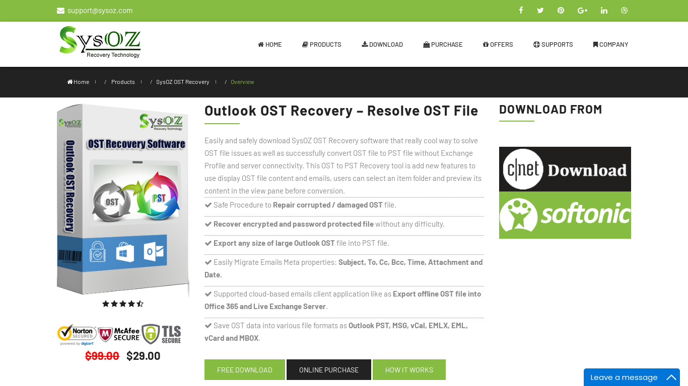 SysOZ Outlook OST Recovery Landing page