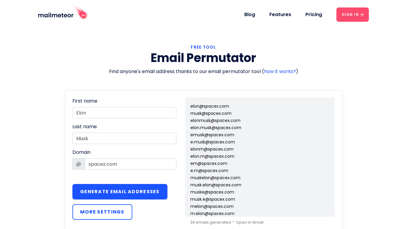 Email Permutator by Mailmeteor Landing page