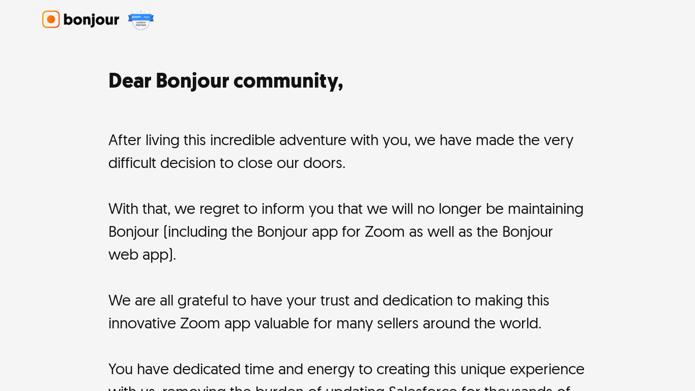 Bonjour App for Zoom Landing page