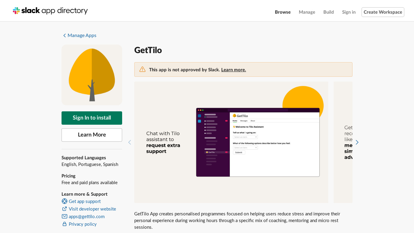 GetTilo Slack App Landing page