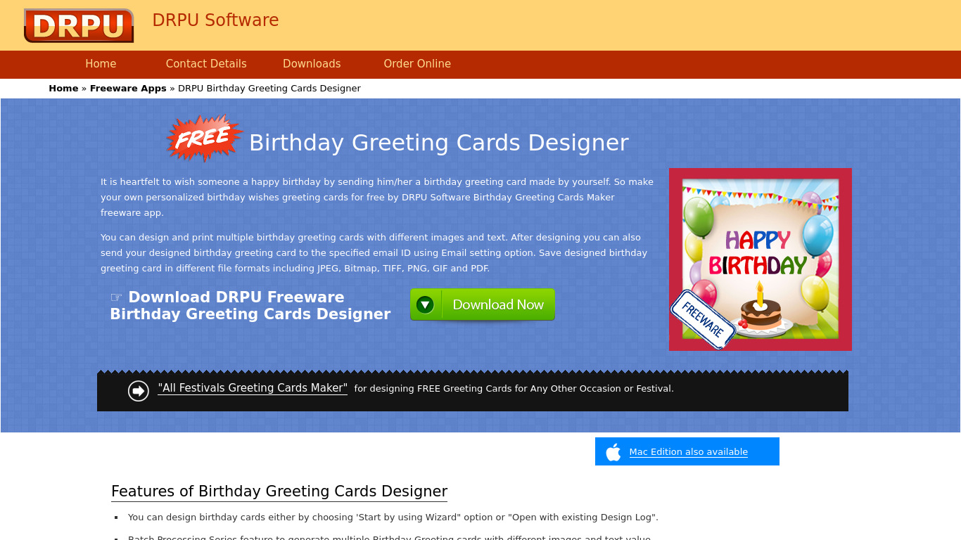 Freeware Birthday Greeting Cards Maker Landing page