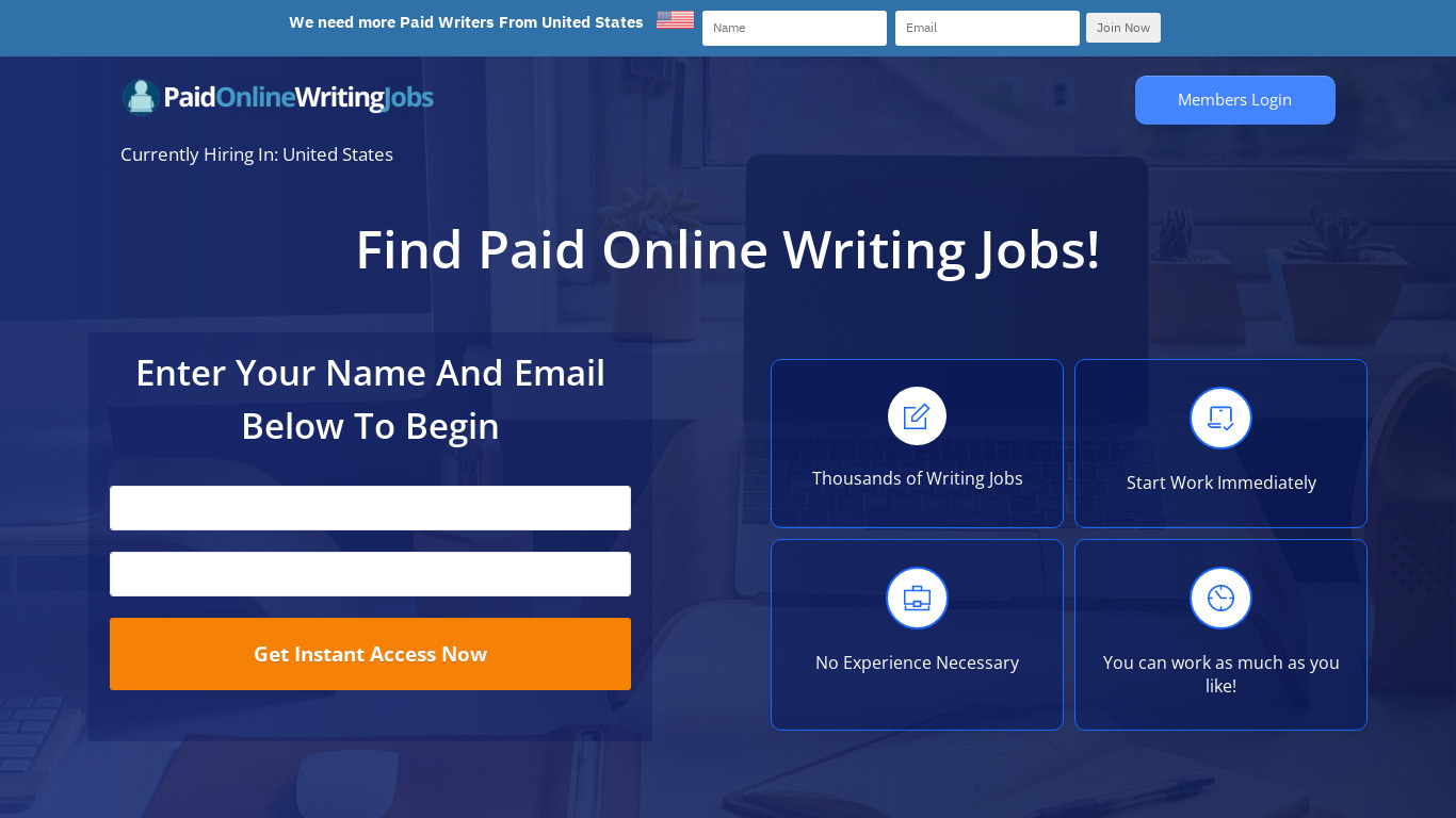 Paid Online Writing Jobs Landing page