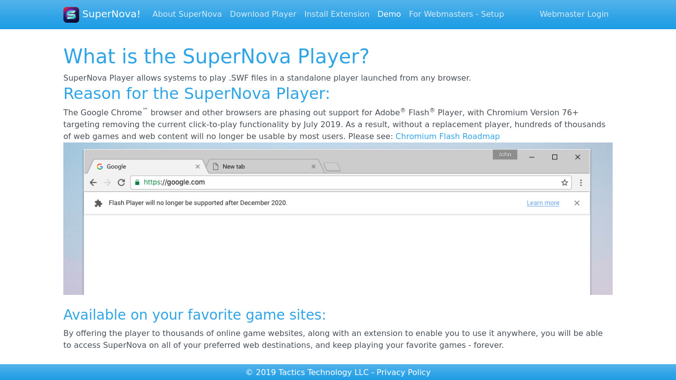 SuperNova Player Landing page