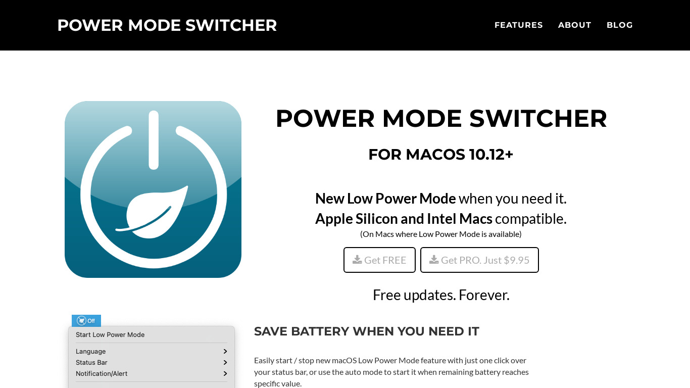 Power Mode Switcher for macOS Landing page