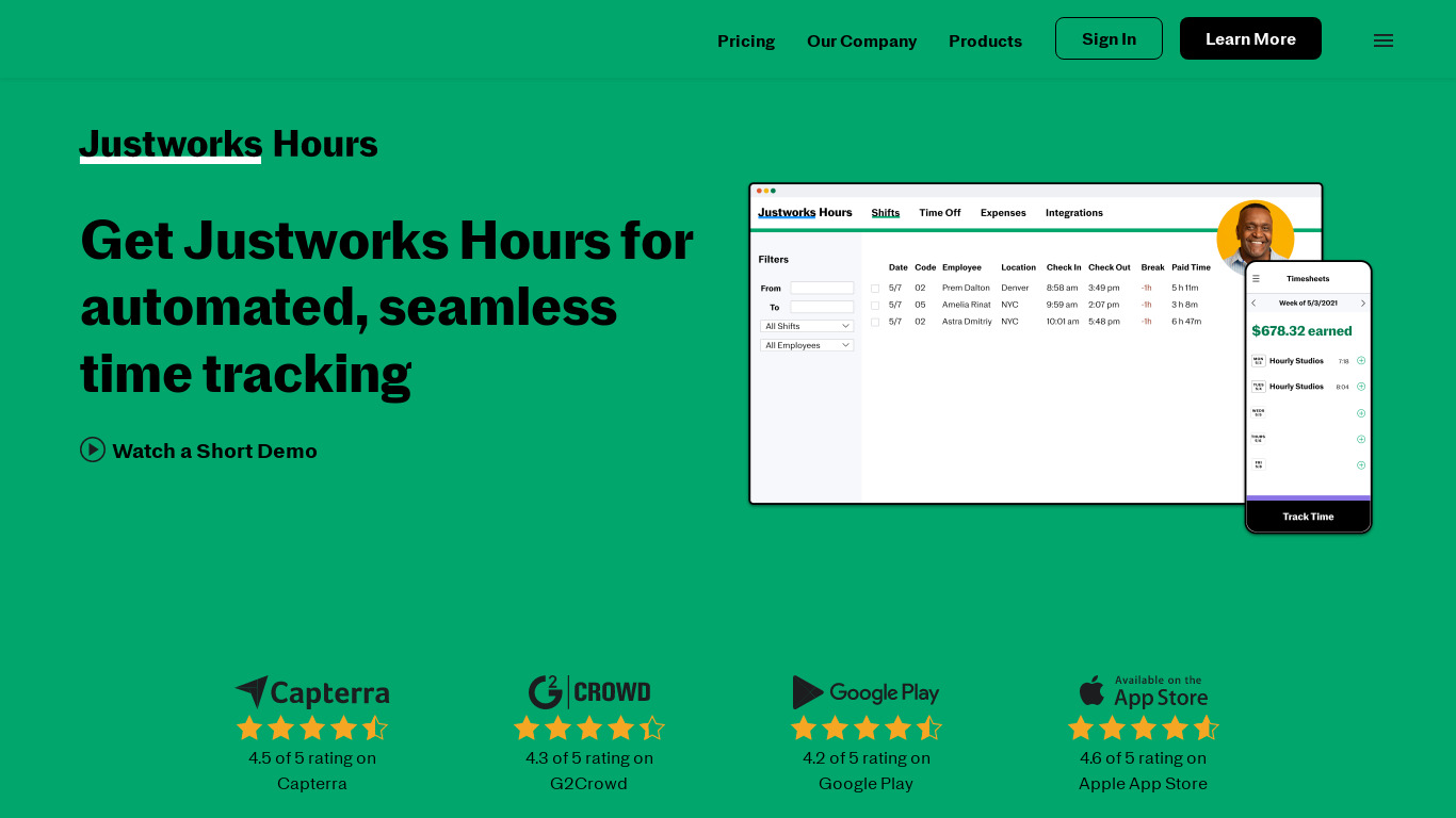 Justworks Hours Landing page
