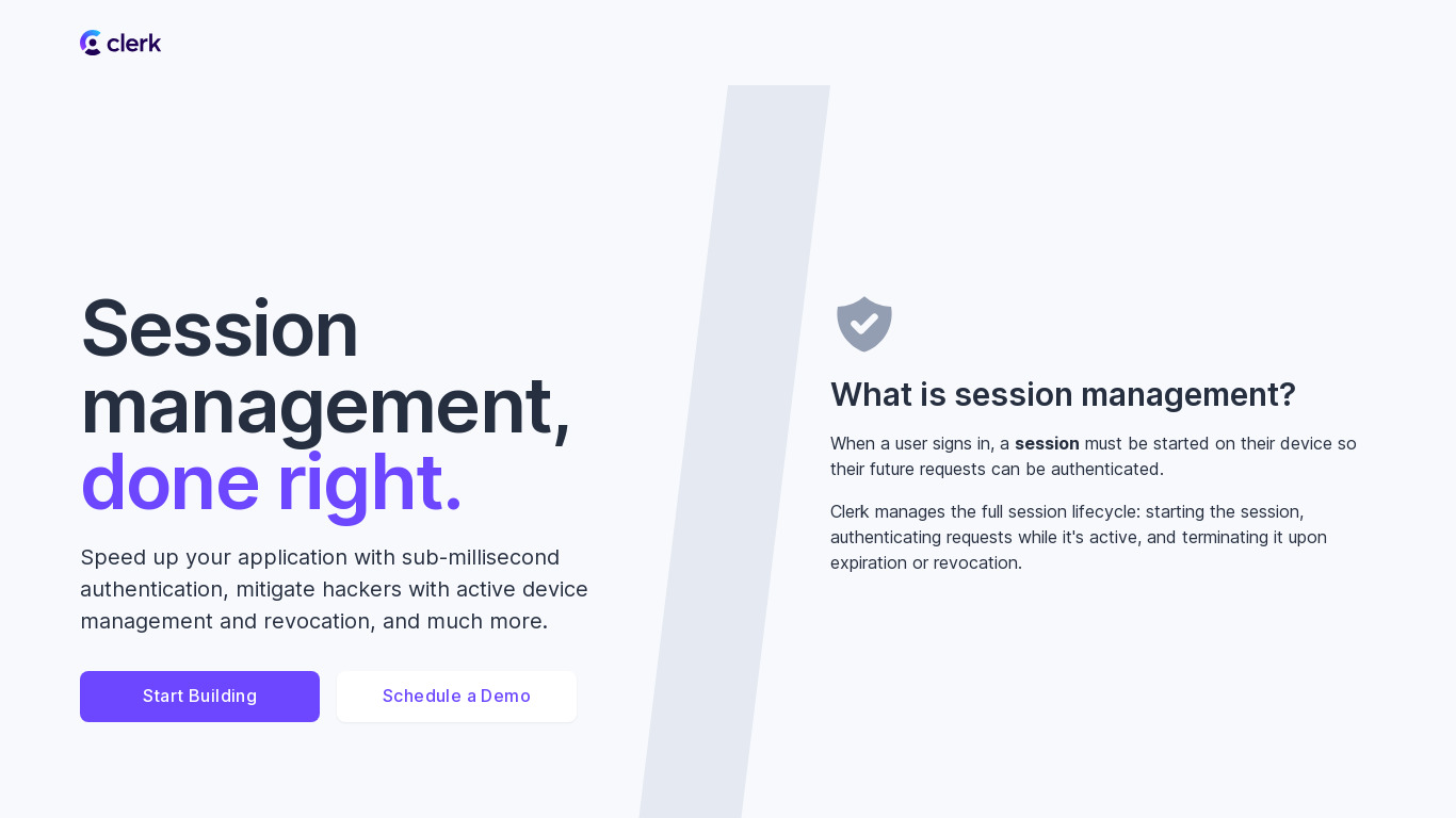 Session Management by Clerk Landing page
