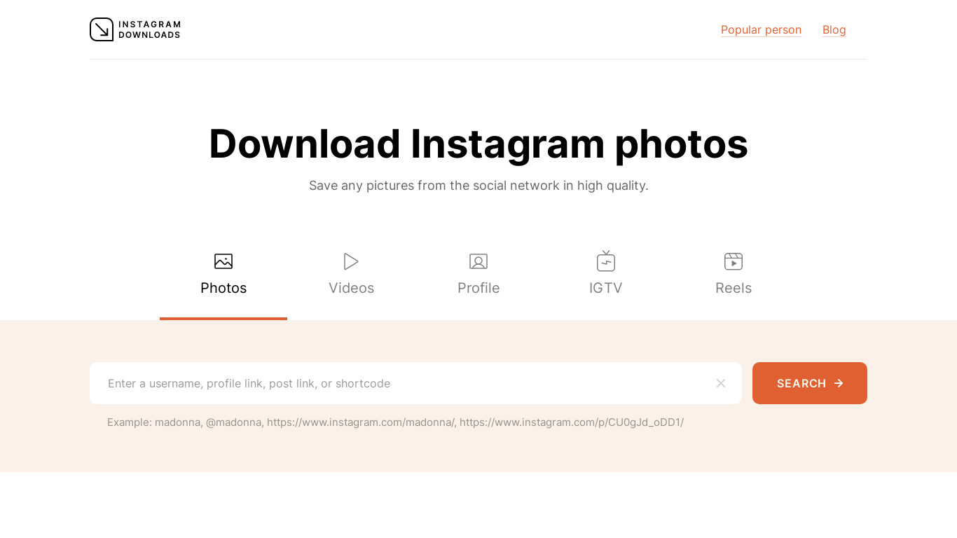 InstagramDownloads Landing page