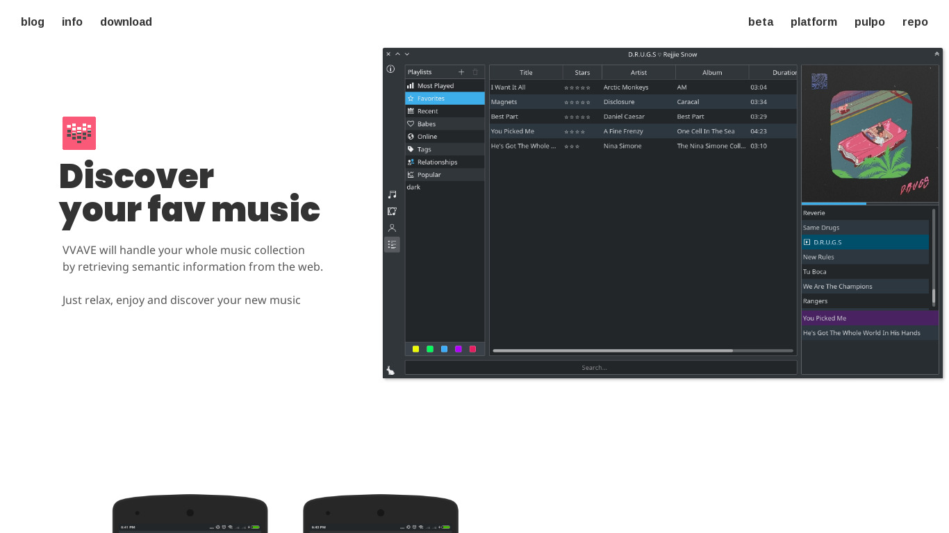 VVAVE Music Player Landing page