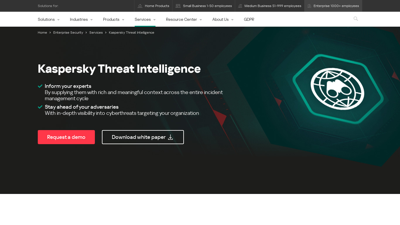 Kaspersky Threat Intelligence Services Landing page