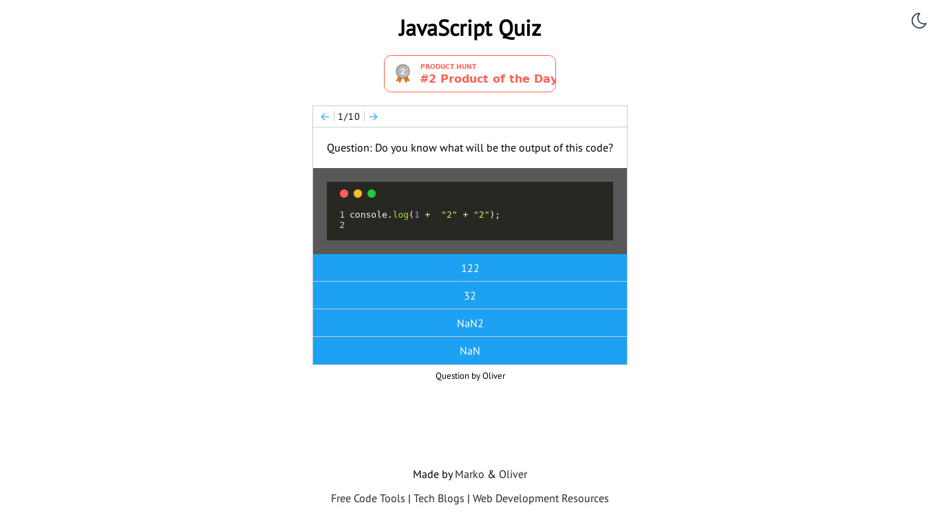 JavaScript Quiz Landing page