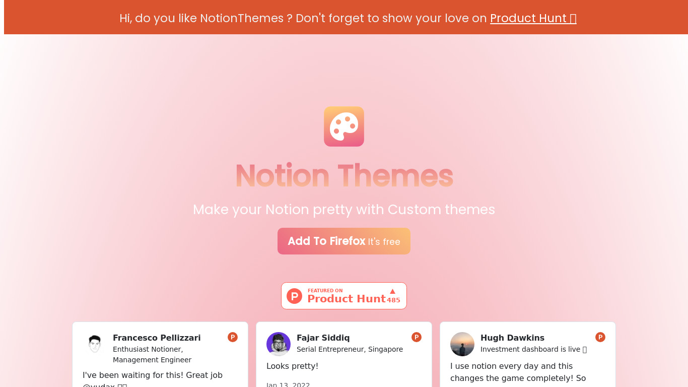 Notion Themes Landing page